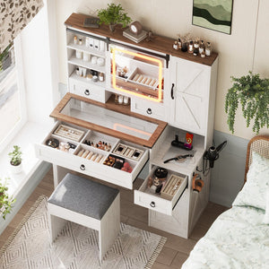 English Elm Farmhouse LED Vanity Desk with Sliding Mirror, Glass Top Storage, Built-In Charging Station & Stool White 37 L x 18.5 W x 13 H N733P340562K