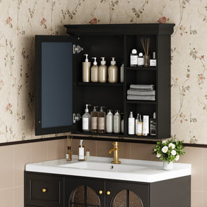 English Elm 30'' Wall-Mounted Medicine Cabinet with Mirror and Adjustable Shelves, Modern MDF Storage Organizer Black N710P209425B