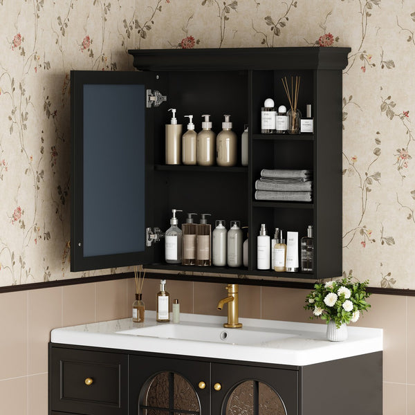 English Elm 30'' Wall-Mounted Medicine Cabinet with Mirror and Adjustable Shelves, Modern MDF Storage Organizer Black N710P209425B