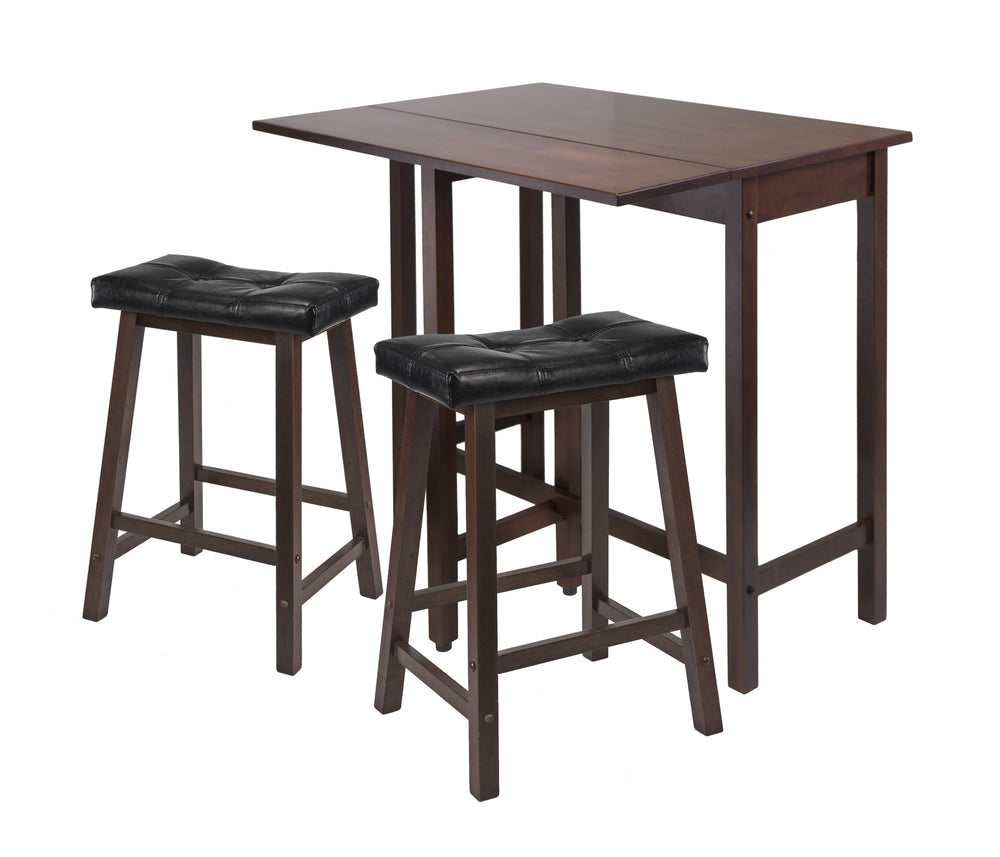 Winsome Wood Lynnwood 3-piece Space-saving Drop Leaf Table Set With Cushioned Saddle Stools In Rich Walnut Finish Walnut Solid Wood 94346-winsome-wood