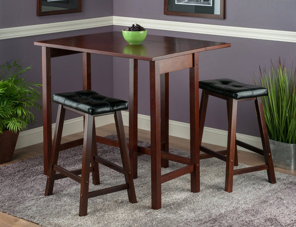 Winsome Wood Lynnwood 3-piece Space-saving Drop Leaf Table Set With Cushioned Saddle Stools In Rich Walnut Finish Walnut Solid Wood 94346-winsome-wood