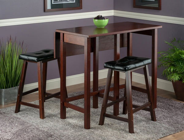 Winsome Wood Lynnwood 3-piece Space-saving Drop Leaf Table Set With Cushioned Saddle Stools In Rich Walnut Finish Walnut Solid Wood 94346-winsome-wood