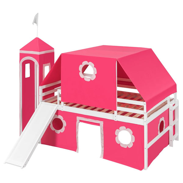 English Elm Full Size Kids Castle Loft Bed with Slide Tent Tower Pinewood Play Zone LT000772AAH-2