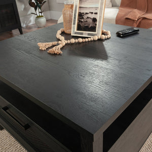 English Elm Coffee Coffee Table with Gold-Tone Accents and Two Drawers for Stylish Living Room Storage and Decor Black B356P402597