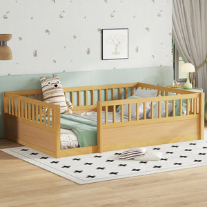 English Elm Full Montessori Floor Bed Frame with Fence for Kids — Pine Play & Reading Space, Sturdy Low Profile Natural W1580P307884