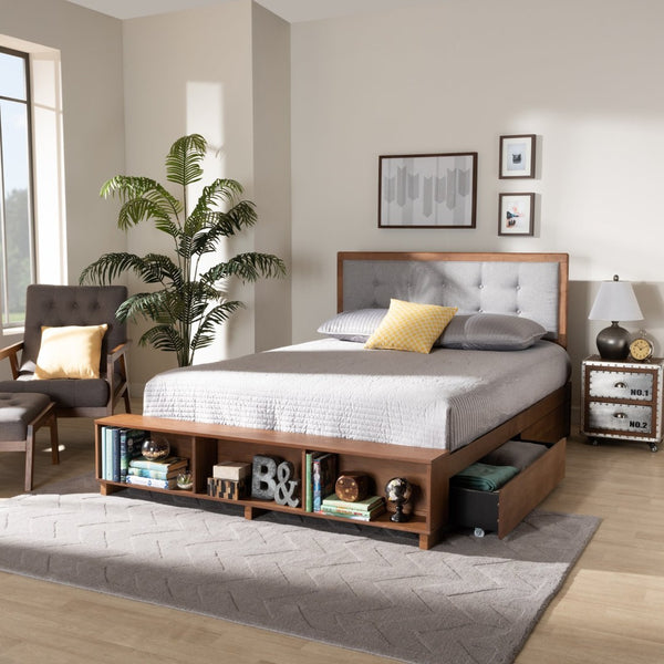 Baxton Studio Baxton Studio Cosma Modern Platform Bed with Storage, Adjustable Headboard & Cozy Upholstered Design Light / Queen Size Cosma-Light Grey/Ash Walnut-Queen