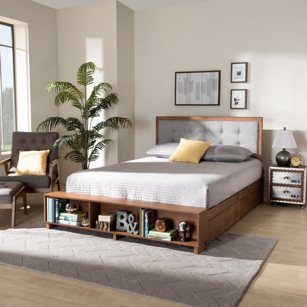 Baxton Studio Baxton Studio Cosma Modern Platform Bed with Storage, Adjustable Headboard & Cozy Upholstered Design Light / Queen Size Cosma-Light Grey/Ash Walnut-Queen