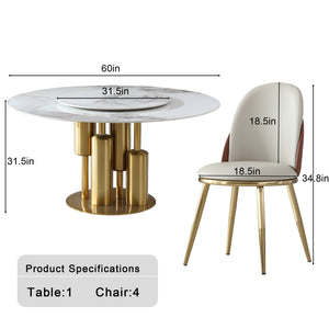 English Elm Modern Marble Dining Table - 59" Round Sintered Stone With 360° Lazy Susan For Chic Dining Spaces W2699S00014