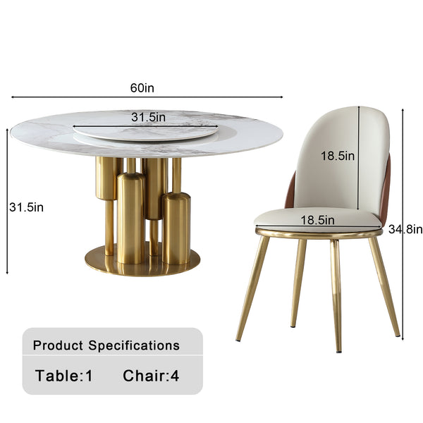 English Elm Modern Marble Dining Table - 59" Round Sintered Stone With 360° Lazy Susan For Chic Dining Spaces W2699S00014