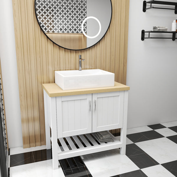 English Elm 32" Bathroom Vanity With Sink, Modern Solid Wood Cabinet For Small Spaces, Stylish Open Shelf Design W3151S00013