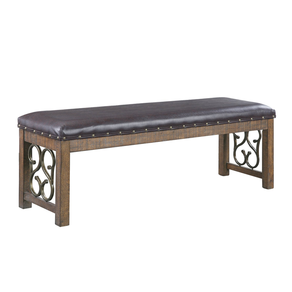 English Elm Classic 56" Weathered Cherry Bench with Black Synthetic Leather Seat, Nailhead Trim, Sturdy Frame B2741P345876
