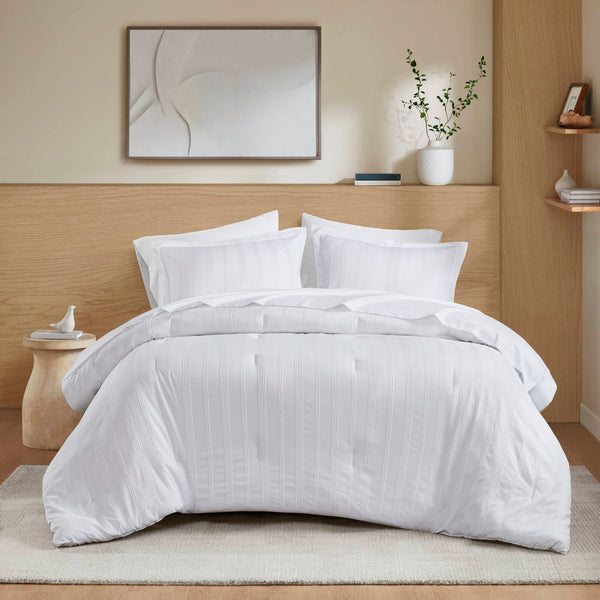 JLA Home Super Listing - Woven Logan Set: Minimalist Striped Comforter Collection with Brushed Microfiber Reverse, Oeko-Tex Safety and Easy Care White AM10-0570