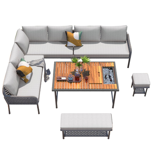 English Elm K&K 6-Piece Rope Patio L-Shaped Sectional Set with Acacia Wood Ice Box Table and Deep Cushions Grey N707S000014G