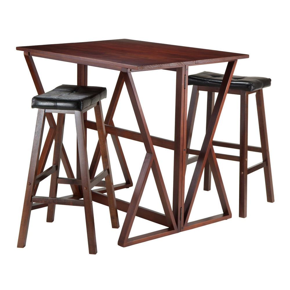 Winsome Wood Harrington 3-piece Drop Leaf High Table Set With Black Faux Leather Stools In Elegant Walnut Finish Walnut Solid Wood 94361-winsome-wood