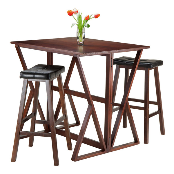 Winsome Wood Harrington 3-piece Drop Leaf High Table Set With Black Faux Leather Stools In Elegant Walnut Finish Walnut Solid Wood 94361-winsome-wood