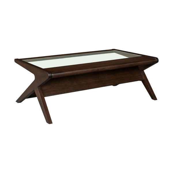 English Elm Wood and Tempered Glass Mid-century Coffee Table with Open Shelf for Living Room B035P408395