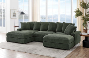 English Elm Reversible Corduroy Sectional with Ottoman Foam Cushions and Contrast Stitching Antique Green B343S00048