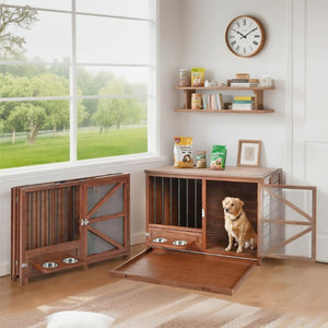 English Elm 43" Solid Pine Dog Crate End Table with Walnut Finish and Rotating Feeder Bowl N843P322022W