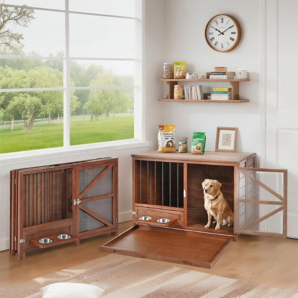 English Elm 43" Solid Pine Dog Crate End Table with Walnut Finish and Rotating Feeder Bowl N843P322022W