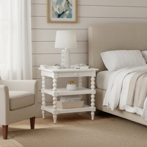 English Elm Aria Antique White Nightstand with Pull-Out Tray, Two Shelves & Spool Turned Legs — Vintage Chic B050P376971