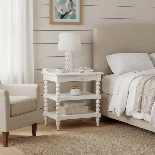 English Elm Aria Antique White Nightstand with Pull-Out Tray, Two Shelves & Spool Turned Legs — Vintage Chic B050P376971