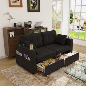 English Elm Sofas for Living Room Chenille Three Seat Couch with Usb Charging Storage and Cup Holder Black W395S00144
