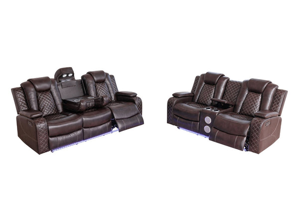 English Elm Violetglow Reclining Sofa with Led Lighting Wireless Charging and Bluetooth Speakers Brown B2730S00033