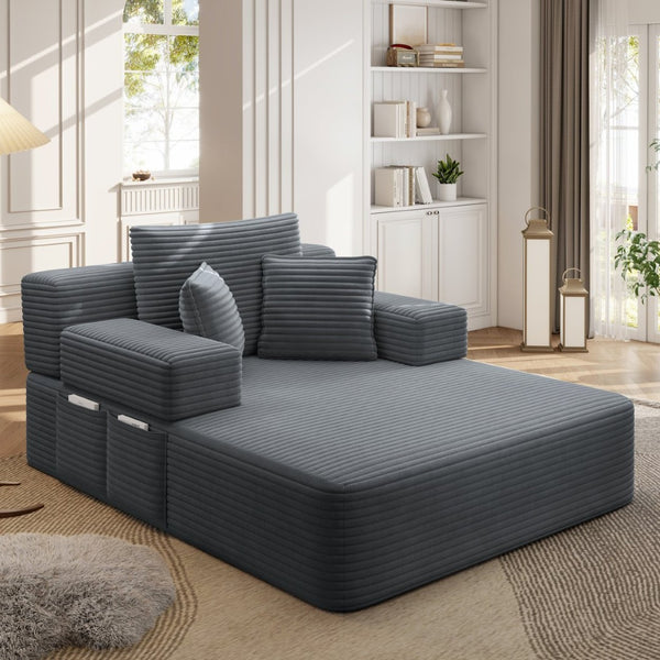 English Elm Luxurious Corduroy Convertible Chaise Lounge Sofa Bed with Foam Support for Apartments Dark Gray W3219P449014