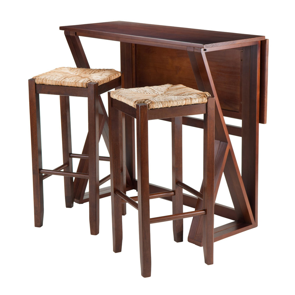 Winsome Wood Harrington 3-piece Drop Leaf High Table Set With Stylish Rush Seat Bar Stools In Elegant Walnut Finish Walnut Solid Wood 94393-winsome-wood