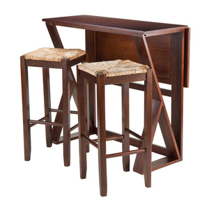 Winsome Wood Harrington 3-piece Drop Leaf High Table Set With Stylish Rush Seat Bar Stools In Elegant Walnut Finish Walnut Solid Wood 94393-winsome-wood