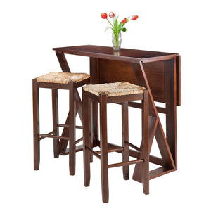 Winsome Wood Harrington 3-piece Drop Leaf High Table Set With Stylish Rush Seat Bar Stools In Elegant Walnut Finish Walnut Solid Wood 94393-winsome-wood