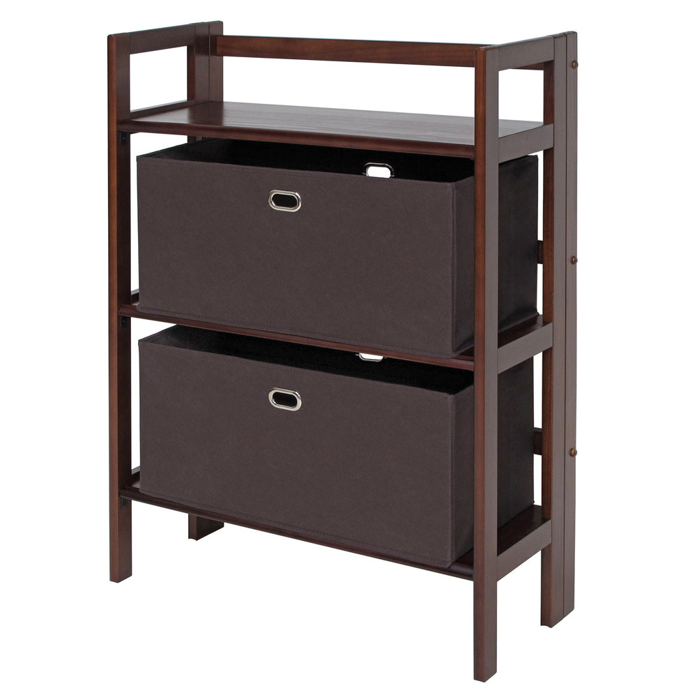 Winsome Wood Torino 3-tier Folding Storage Shelf With 2 Chocolate Fabric Baskets For Stylish Home Organization Walnut Solid Wood 94397-winsome-wood