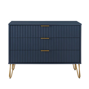 English Elm Dumbo 35" Fluted 3-Drawer Dresser with Gold Metal Legs, Glam Handles, Easy Snap Assembly Dark Blue B365P398119