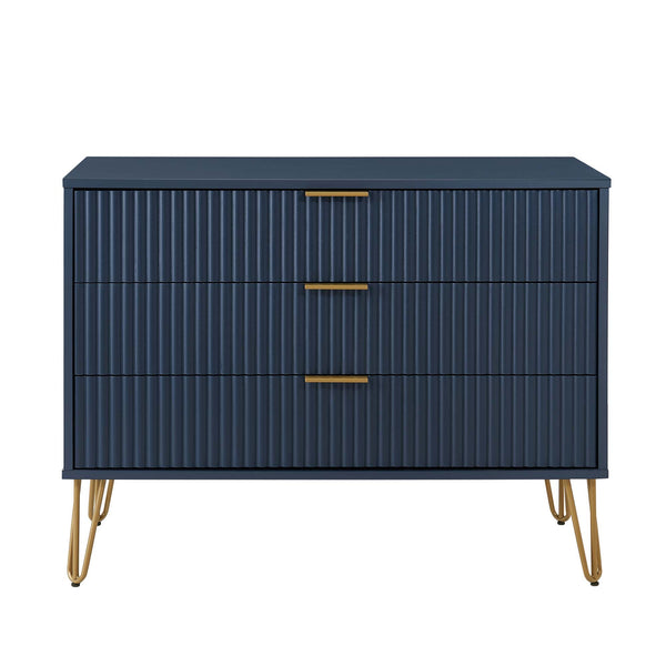 English Elm Dumbo 35" Fluted 3-Drawer Dresser with Gold Metal Legs, Glam Handles, Easy Snap Assembly Dark Blue B365P398119