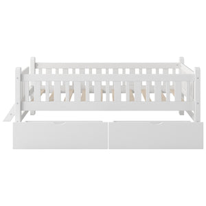 English Elm Wood Twin Platform Bed with Guardrail, Solid Pine Construction, 2 Underbed Drawers for Storage and Playroom Space White N709P242145K