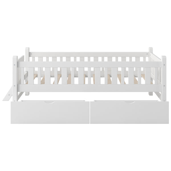 English Elm Wood Twin Platform Bed with Guardrail, Solid Pine Construction, 2 Underbed Drawers for Storage and Playroom Space White N709P242145K