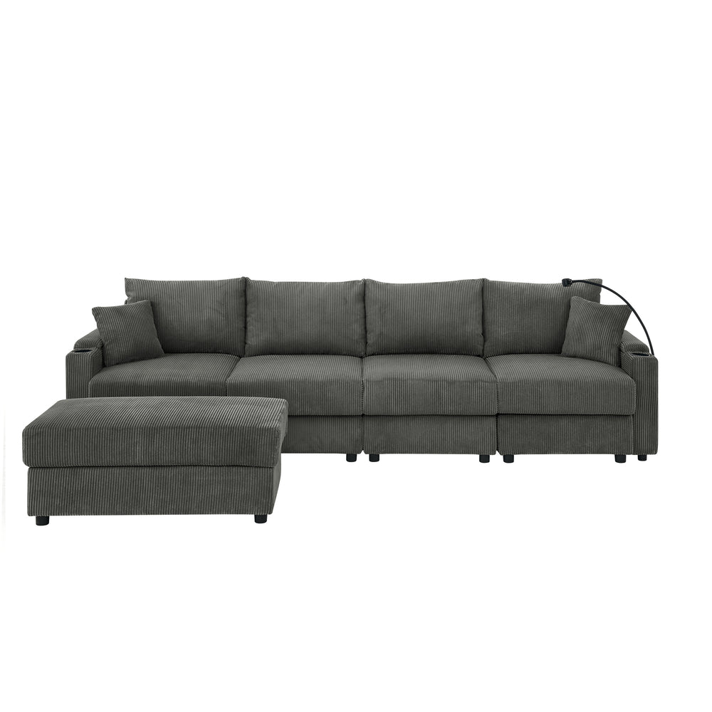 English Elm L-Shaped 4-Seat Corduroy Sofa With Ottoman & Storage, Deep Seat, Cup Holders, Modern Grey Comfort W1117S00216
