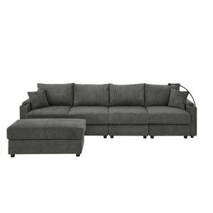 English Elm L-Shaped 4-Seat Corduroy Sofa With Ottoman & Storage, Deep Seat, Cup Holders, Modern Grey Comfort W1117S00216