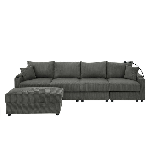 English Elm L-Shaped 4-Seat Corduroy Sofa With Ottoman & Storage, Deep Seat, Cup Holders, Modern Grey Comfort W1117S00216