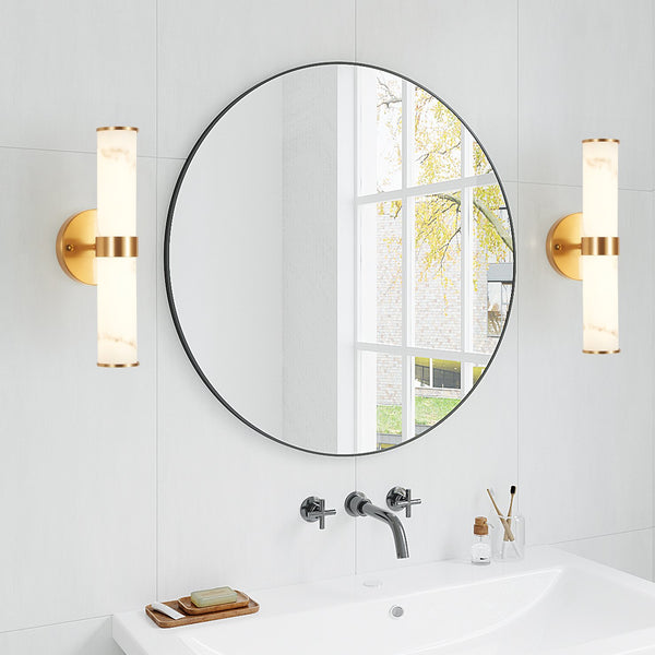 English Elm Golden Resin Wall Sconce Set of 2 with Marble Finish and Gold Accent, Modern Vertical Indoor Lighting Elegance W1340P189553