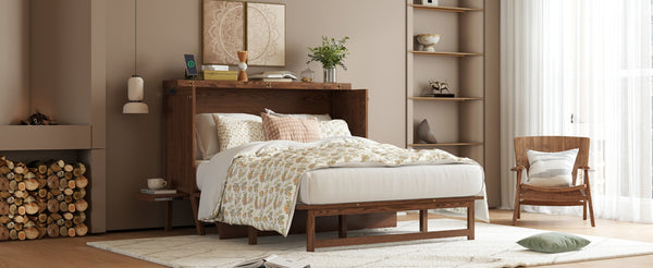 English Elm Queen Murphy Cabinet Bed Solid Pine Build with Usb Charging and Fold Out Desktop Walnut W504S00169