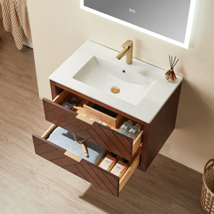 English Elm 30" Tiered Wall Mounted Floating Single Vanity with Ceramic Sink, Plywood Durable Design & Storage Space W1826P343433