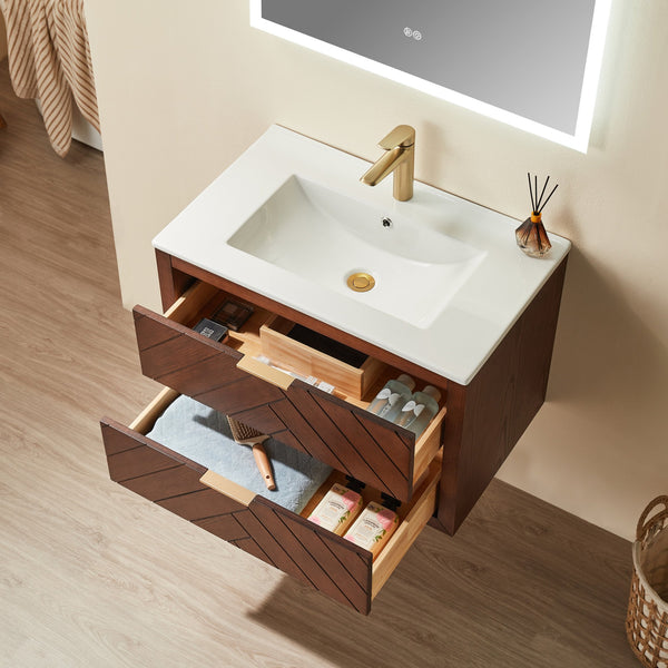 English Elm 30" Tiered Wall Mounted Floating Single Vanity with Ceramic Sink, Plywood Durable Design & Storage Space W1826P343433