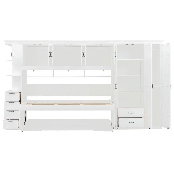 English Elm Twin Murphy Wall Bed with Integrated Desk Wardrobe and Storage Cabinet in White LP000767AAK