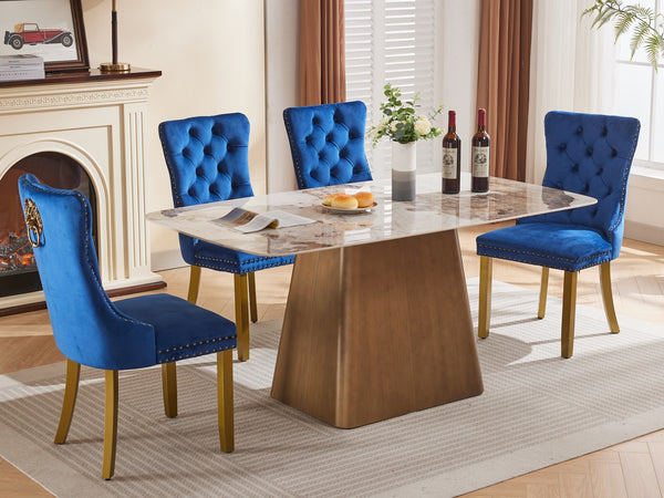 English Elm Mid-Century Velvet Dining Chair with Lion Head Pull Ring, Tufted Solid Wood Seat, Gold Legs Blue W1143P193169