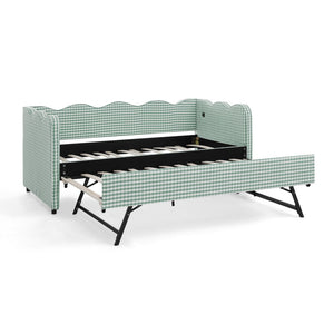 English Elm Cozy Gingham Linen Daybed with Pull Out Trundle Usb Port Wave Back Twin Sofa Cyan W1413S00120