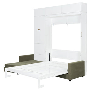 English Elm Queen Murphy Bed with L-shaped Velvet Sofa Storage Cabinets for Studio Living White LP000765AAG-1