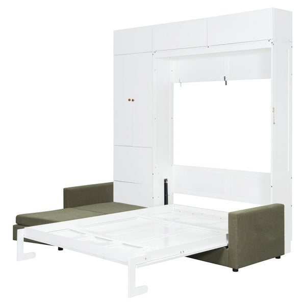 English Elm Queen Murphy Bed with L-shaped Velvet Sofa Storage Cabinets for Studio Living White LP000765AAG-1
