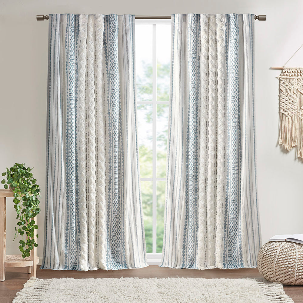 JLA Home INK+IVY - Cotton Imani Curtain Panel — Ivory Geometric Print with Tufted Chenille Stripe, Lined OEKO‑TEX Privacy II40-1344