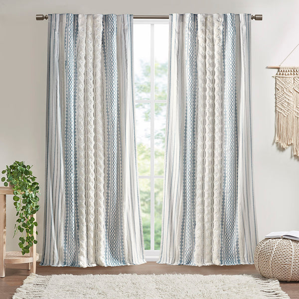 JLA Home INK+IVY - Cotton Imani Curtain Panel — Ivory Geometric Print with Tufted Chenille Stripe, Lined OEKO‑TEX Privacy II40-1344